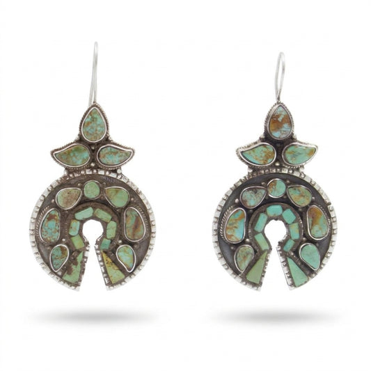 Vintage Tibetan Himalayan Turquoise Naja Chandbali Drop Earrings Sterling Silver