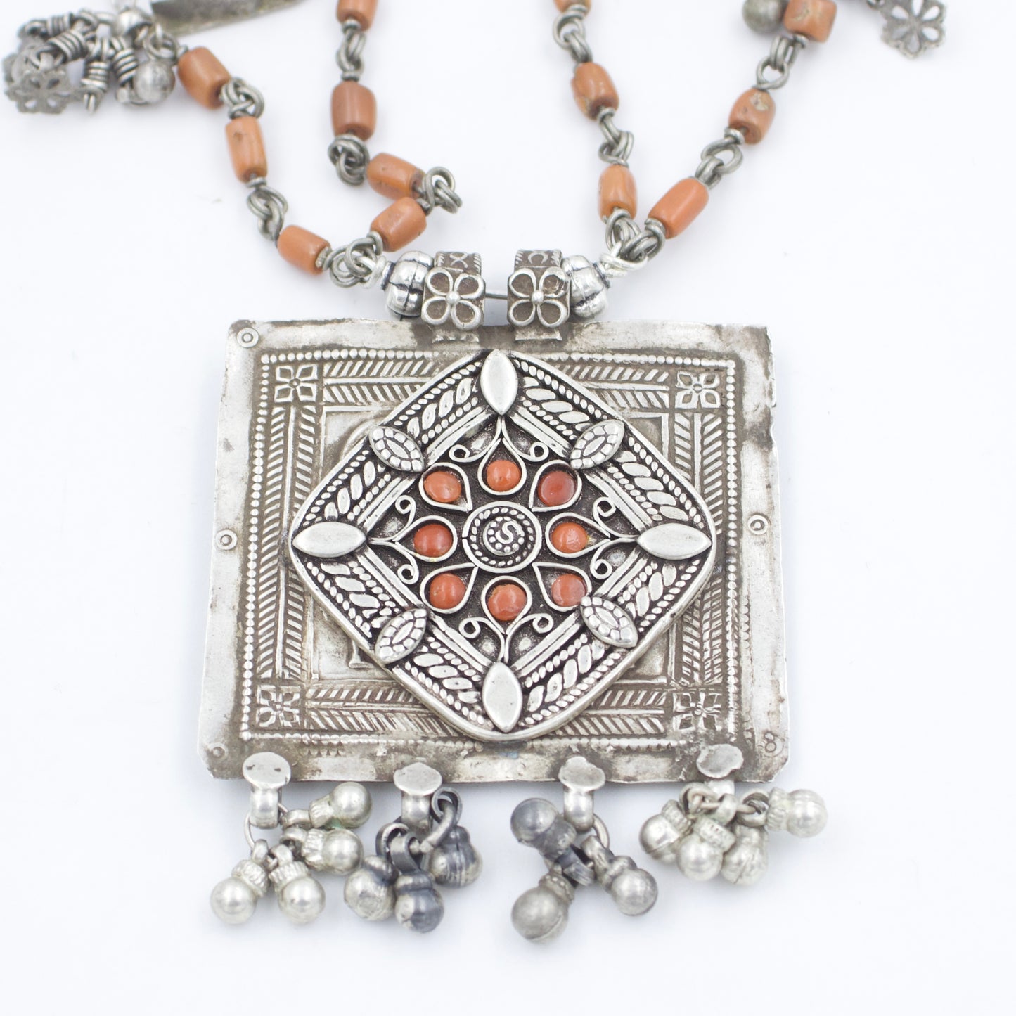 Navratri Antique Coral Necklace Double Strand Square Pendant in Sterling Silver