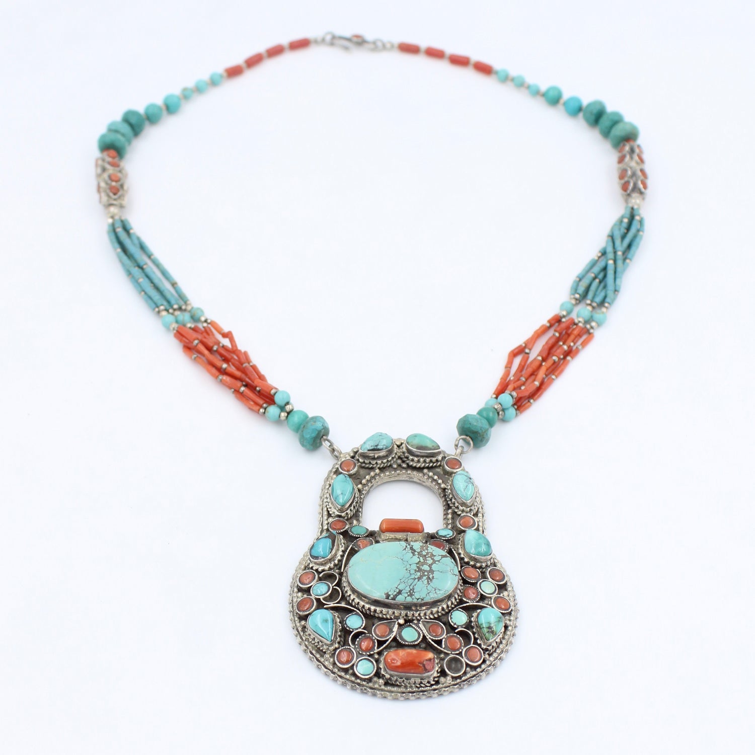 Vintage Tibetan Turquoise & Coral Padlock Pendant Necklace in 