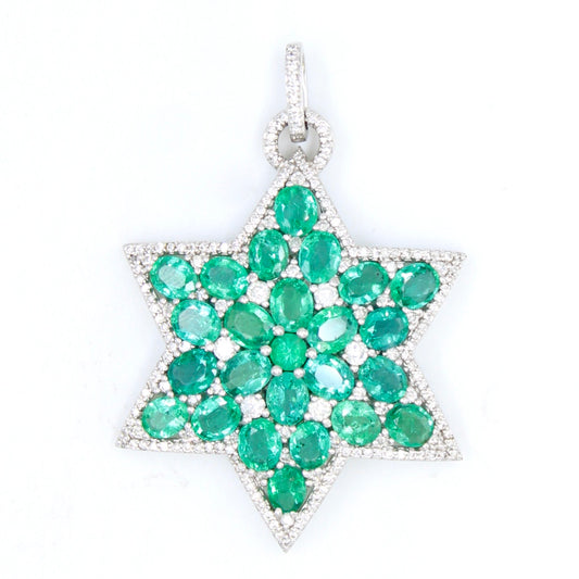 Statement 13.93 TCW Natural Emerald & Diamond Star Pendant in 18K White Gold