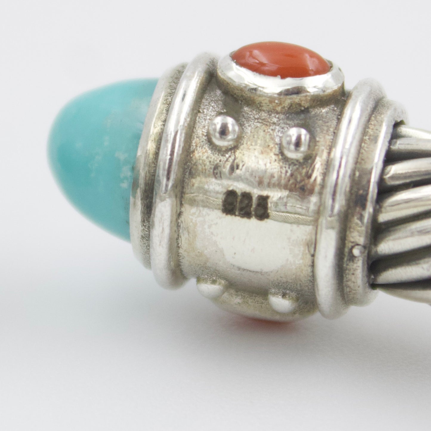Natural Turquoise & Coral Twisted Cable Cuff Bracelet in Sterling Silver