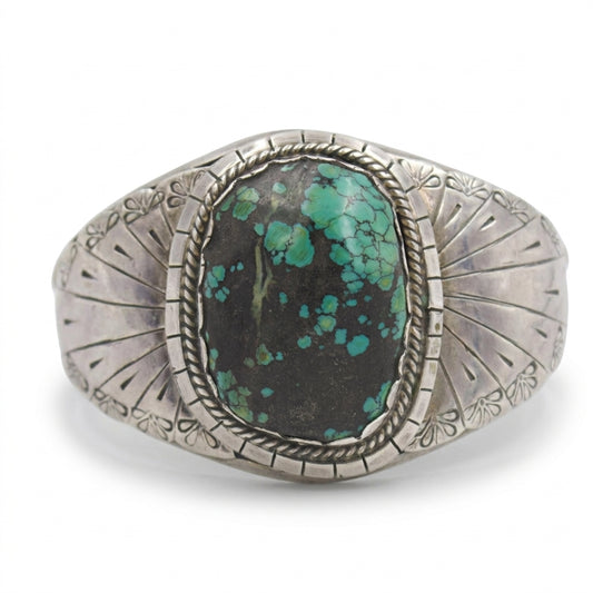 Vintage Southwestern Natural Turquoise Etched Cuff Bracelet in Sterling Silver