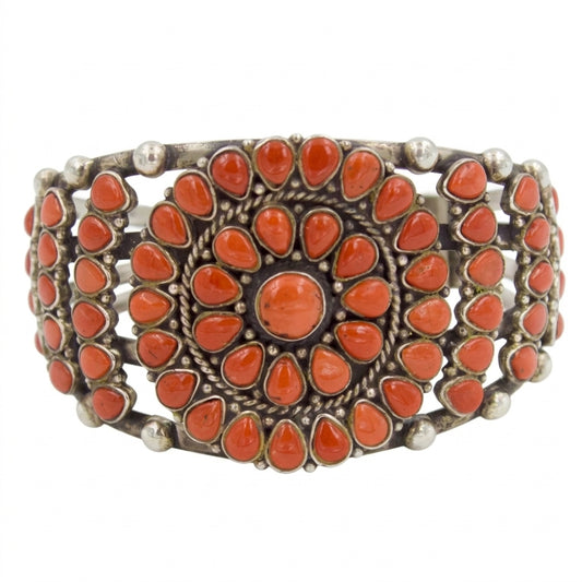 Vintage Southwestern Natural Red Coral Cluster Cuff Bracelet Adjustable Size