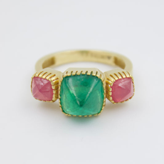 Unique 5.1 TCW Zambian Emerald & Mahenge Spinel 3 Stone Ring in 18K Brushed Gold