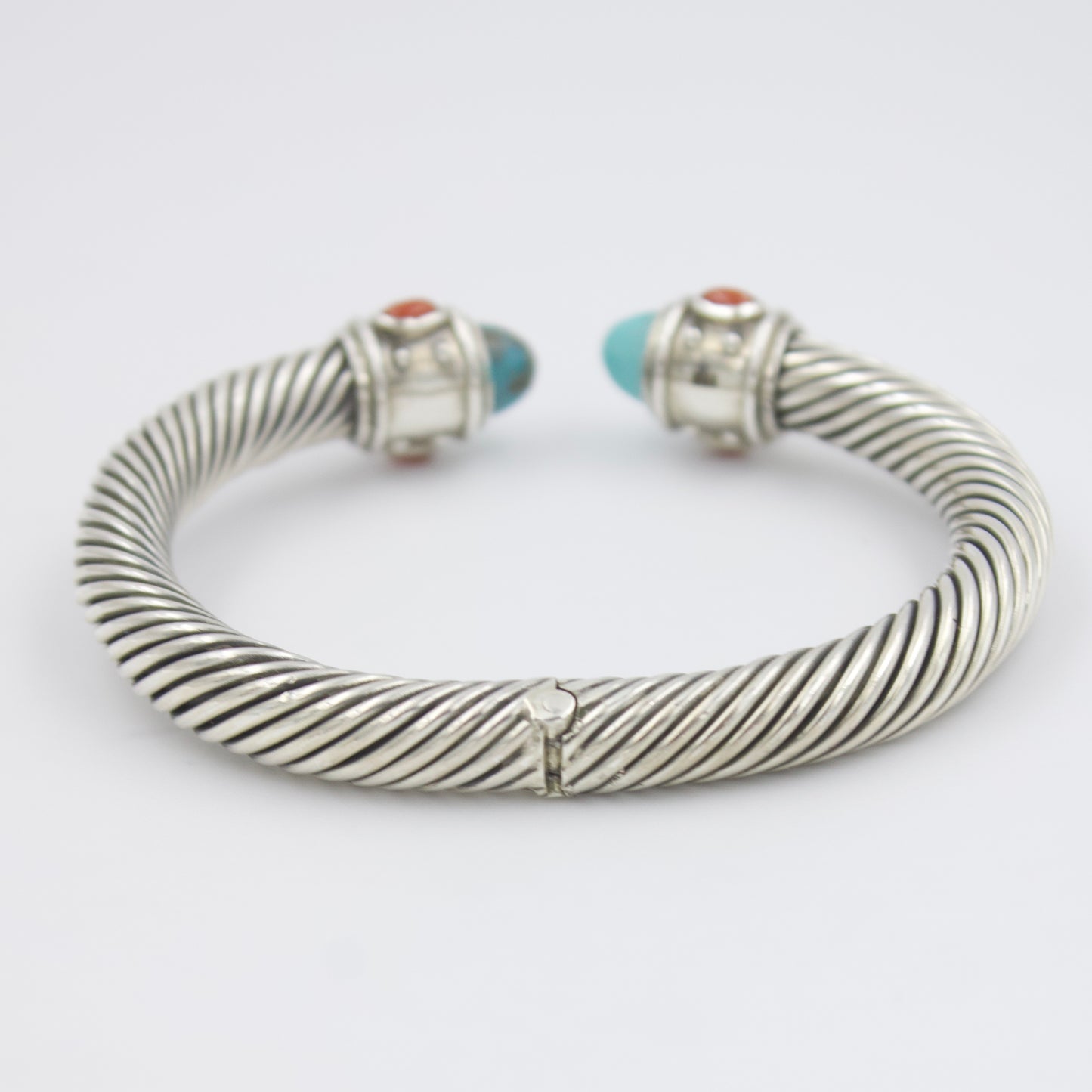 Natural Turquoise & Coral Twisted Cable Cuff Bracelet in Sterling Silver