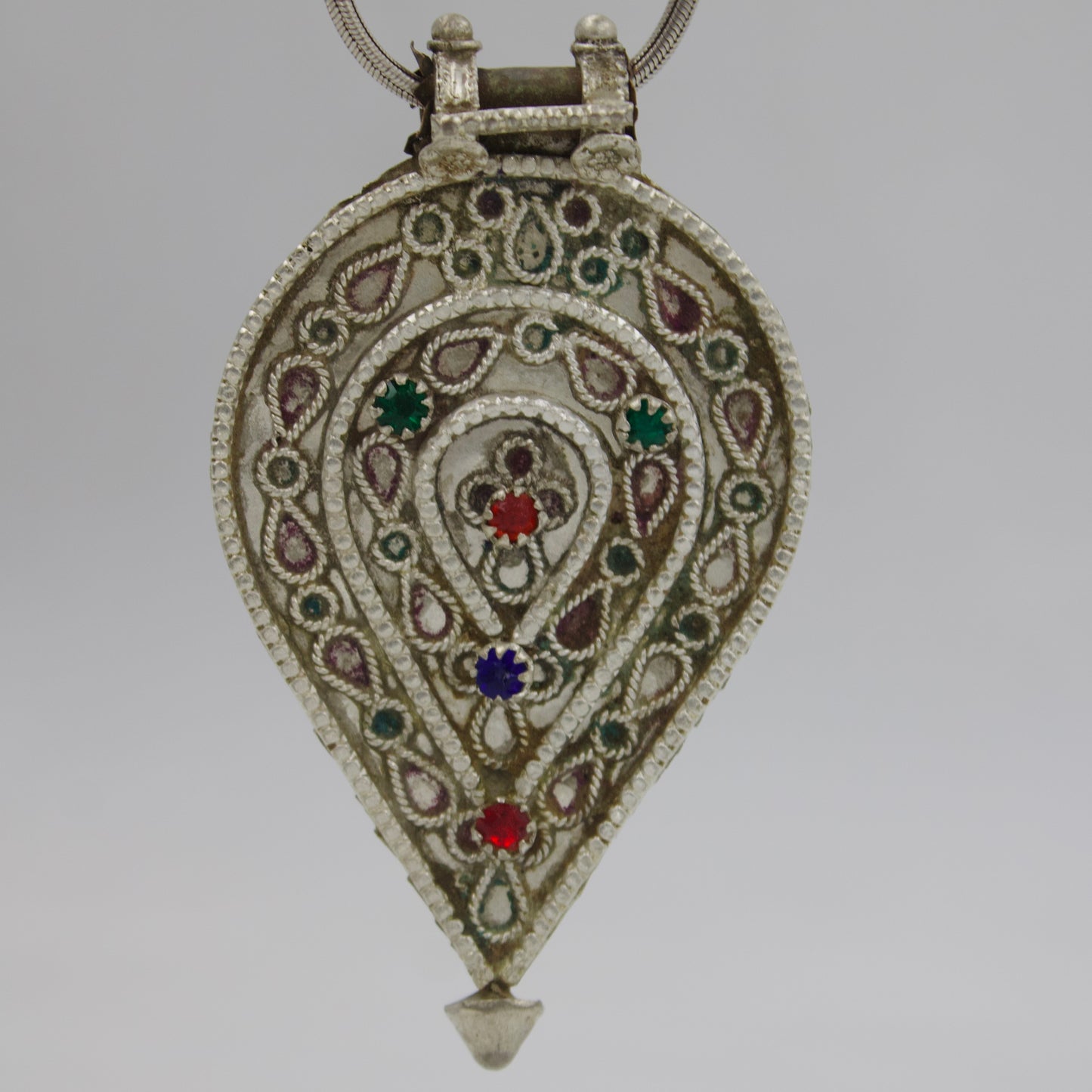 Antique Silver Paisley Pendant with Colorful Gem Accents & Intricate Bail 925 Sterling Silver