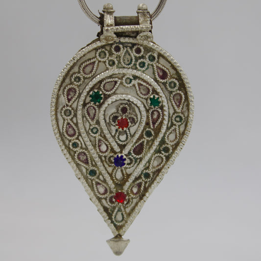 Antique Silver Paisley Pendant with Colorful Gem Accents & Intricate Bail 925 Sterling Silver