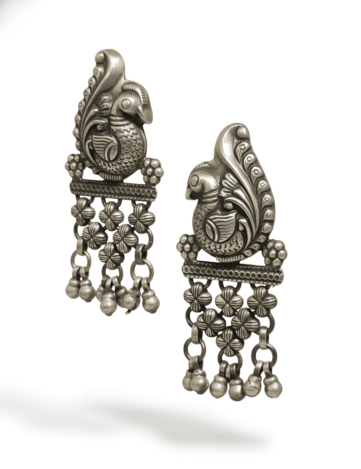 92.5 Pure Silver Jesalmeri Peacock Earrings (32g) - 70mm Length