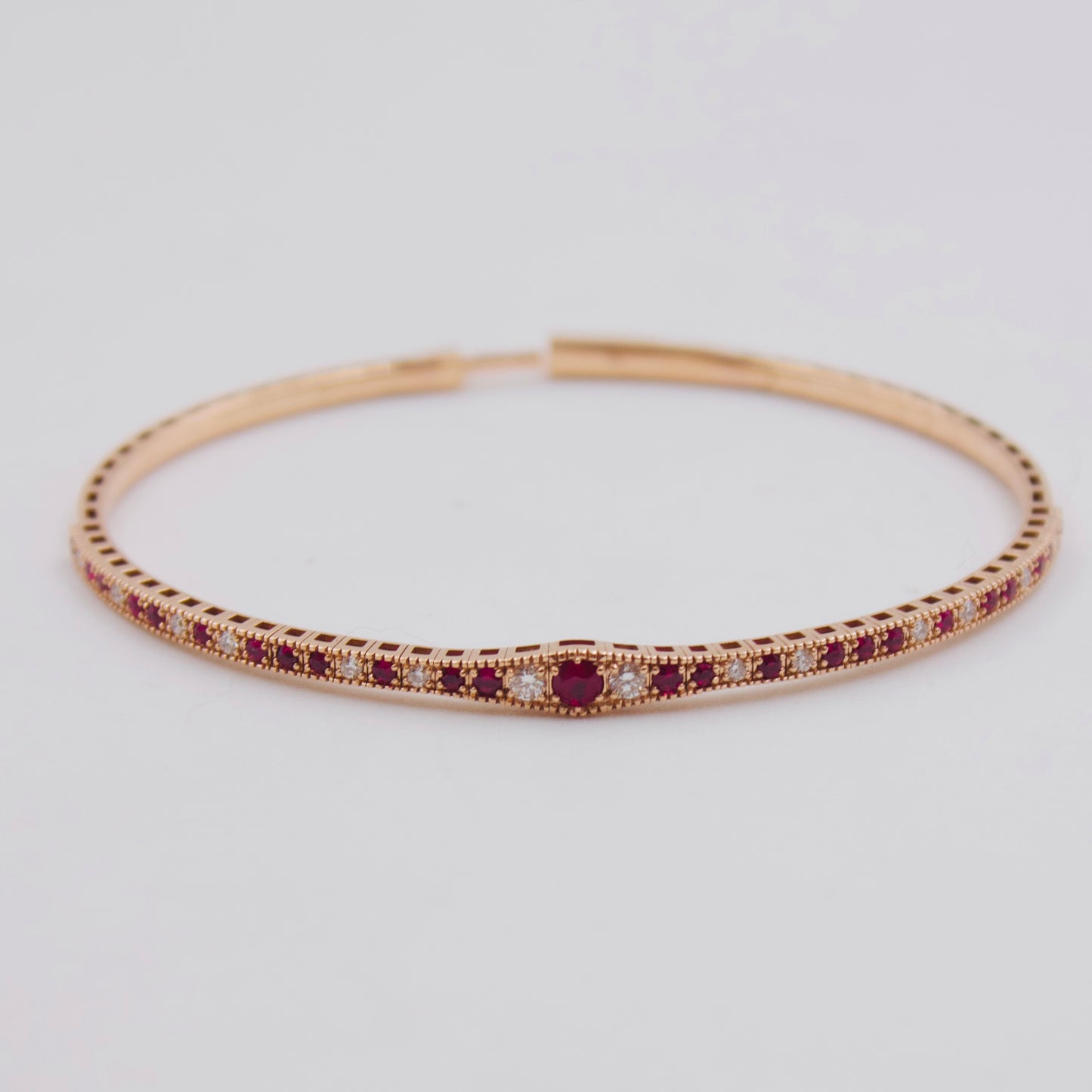Vintage 0.85ct Burmese Ruby & Diamond Milgrain Stackable Hinged Bangle in 18K Rose Gold