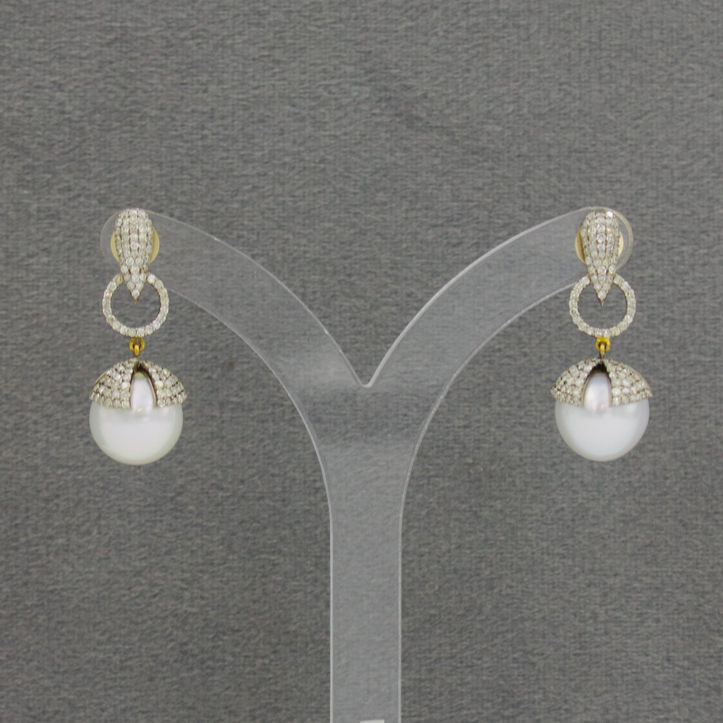 Victorian Diamond South Sea Pearl Drop Earrings in 14K Gold & Sterling Silver