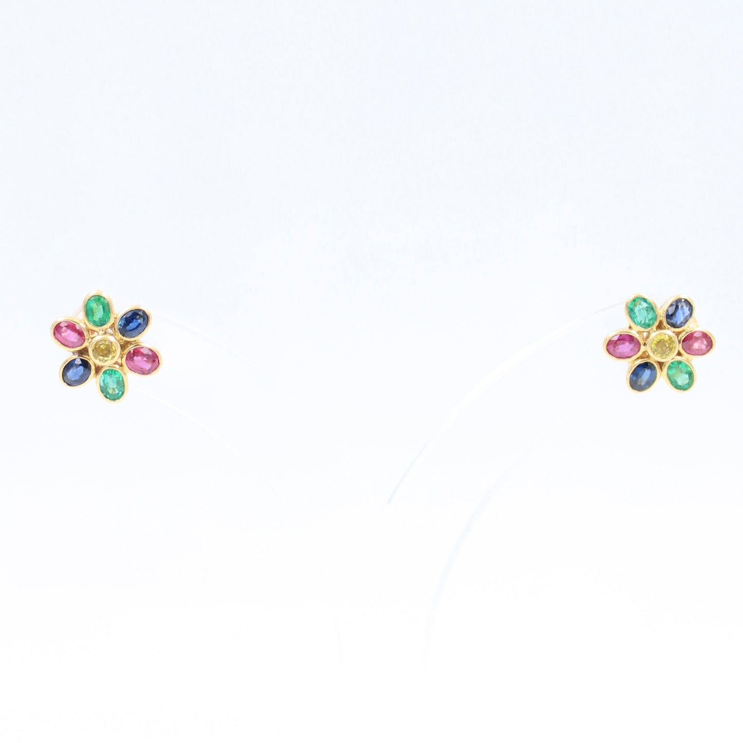 Elegant 4.25 TCW Natural Ruby, Emerald and Sapphire Floral Stud Earrings in 18K Yellow Gold