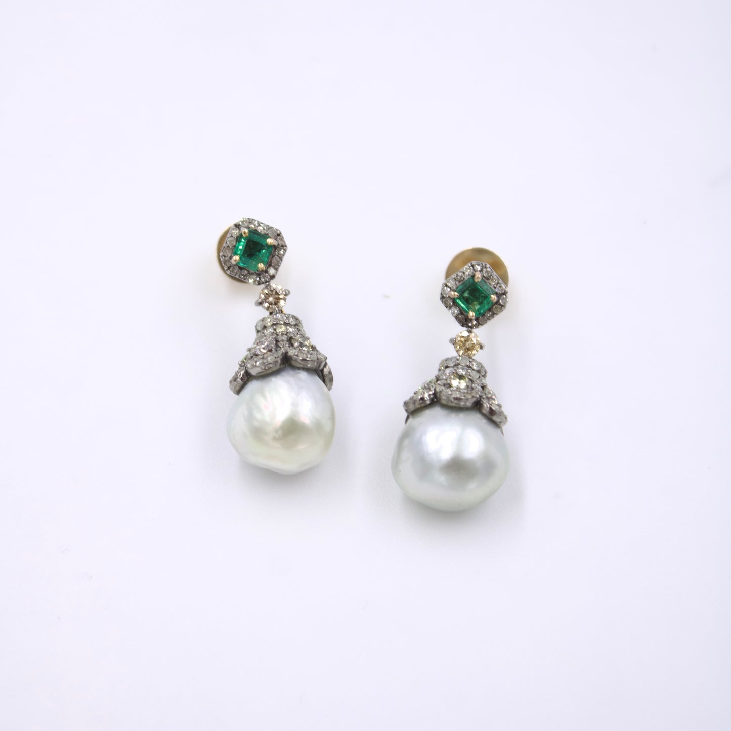 Art Deco Gold Silver Emerald Diamond Southsea Pearl Earrings in 14K Gold & Sterling Silver