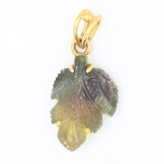 Minimalist Handmade 6.75 Ct Green Tourmaline Carved Leaf Pendant in 18K Yellow Gold