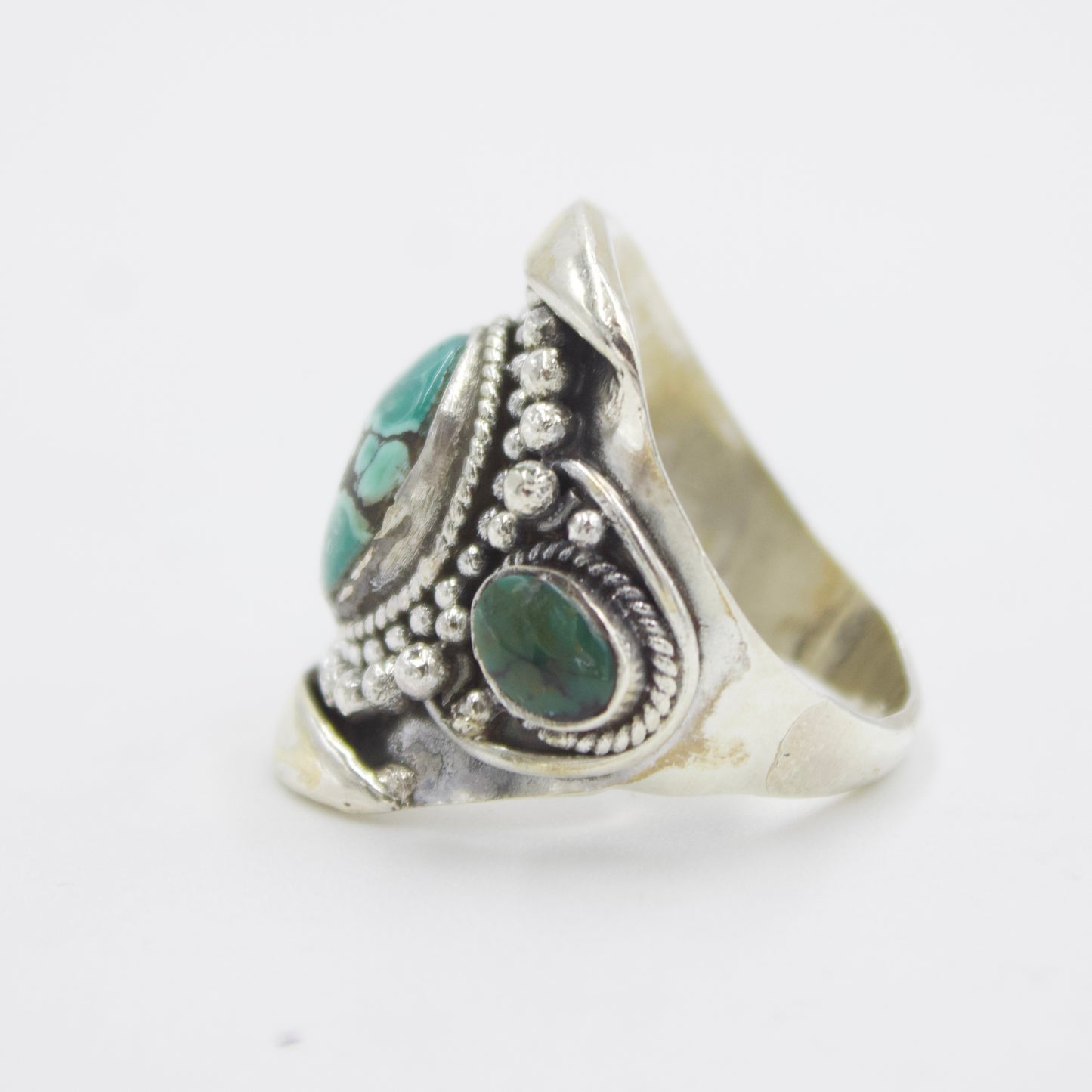 Vintage Handmade Tibetan Natural Turquoise Statement Ring in Sterling Silver