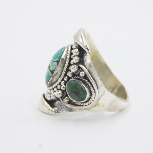 Vintage Handmade Tibetan Natural Turquoise Statement Ring in Sterling Silver