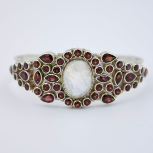 Vintage Moonstone and Garnet Statement Cuff Bracelet in Sterling Silver