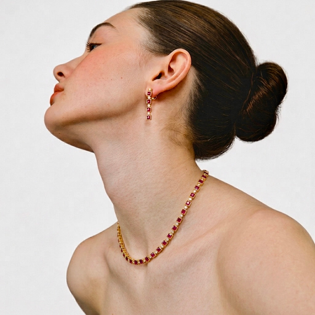 Diamond & Square Mozambique Red Ruby Geometric Jewelry Set in 18k Rose Gold