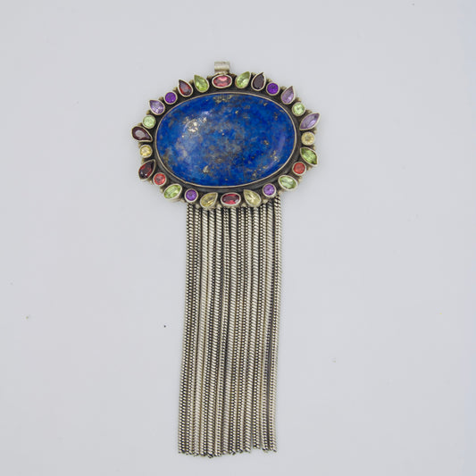 Lapis Lazuli Multi-Tourmaline Chain Fringe Tassel Statement Pendant in 925 Silver
