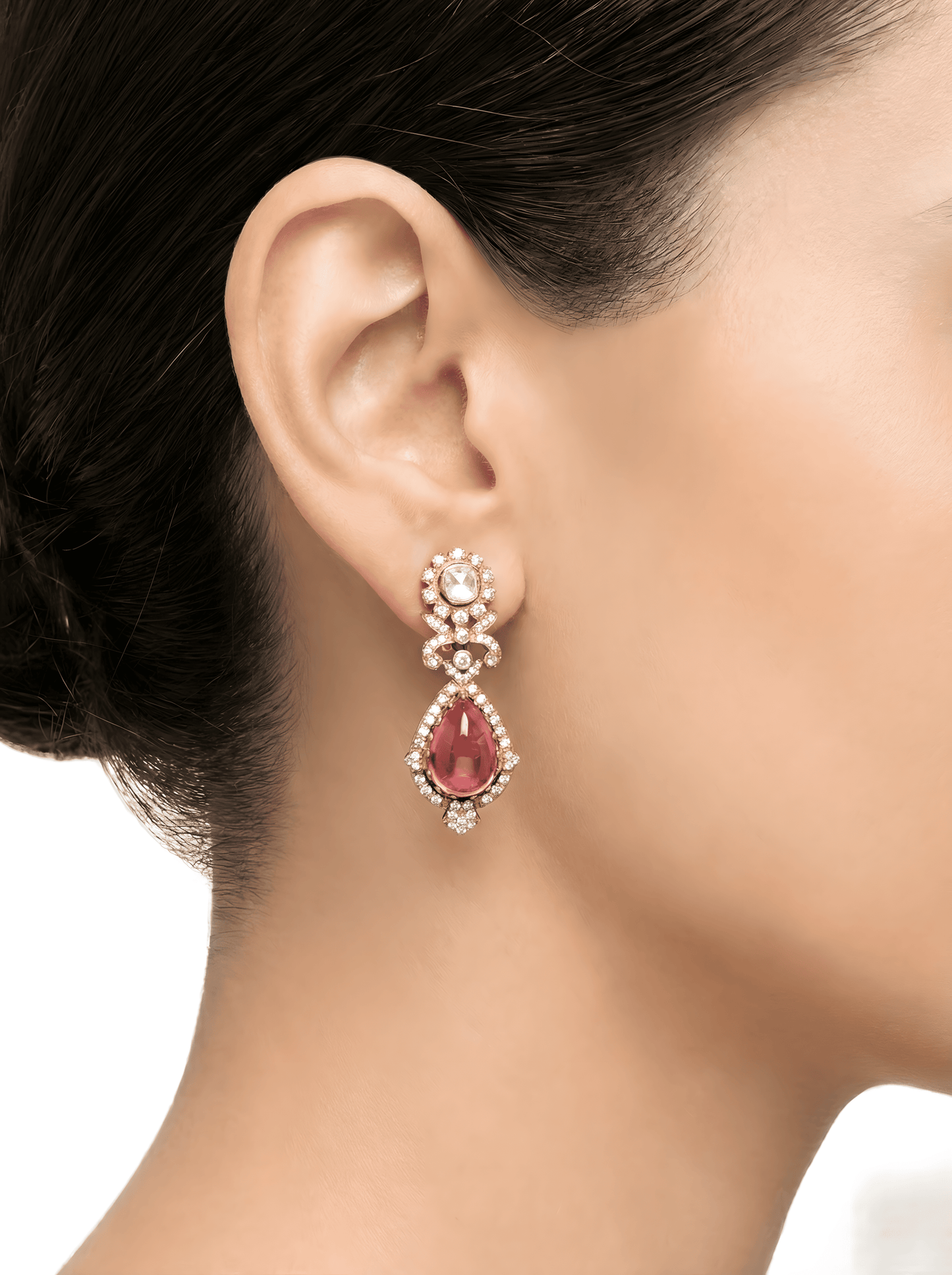 12.3 Ct Rubellite Tourmaline & Rose Cut Diamond Drop Earring In 18K Yellow Gold