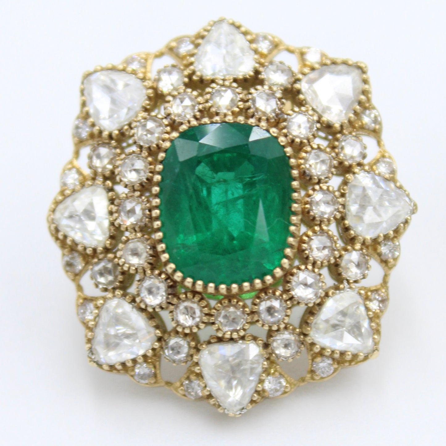 11.05 Ct AAA Vivid Green Emerald & Rose Cut Diamond 18K Gold Stud Earrings