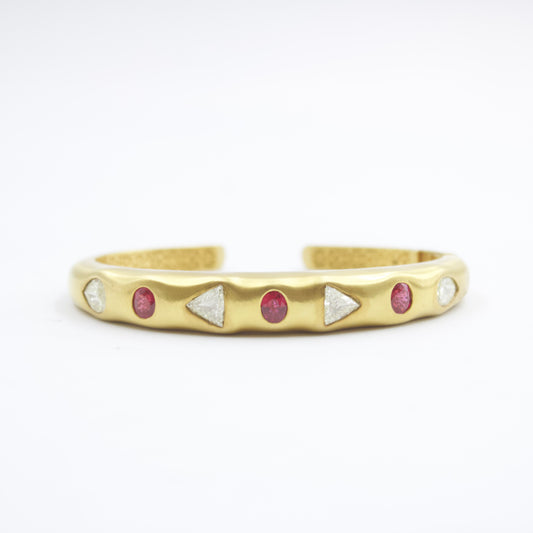 Natural 3.66 Ct Untreated Ruby & Diamond Hinged Cuff Bracelet 18KY Brushed Gold