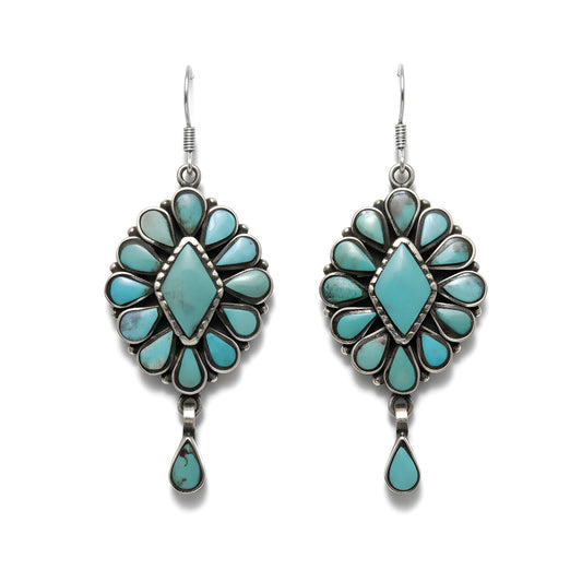 Vintage Tibetan Natural Turquoise Drop Earrings in Sterling Silver