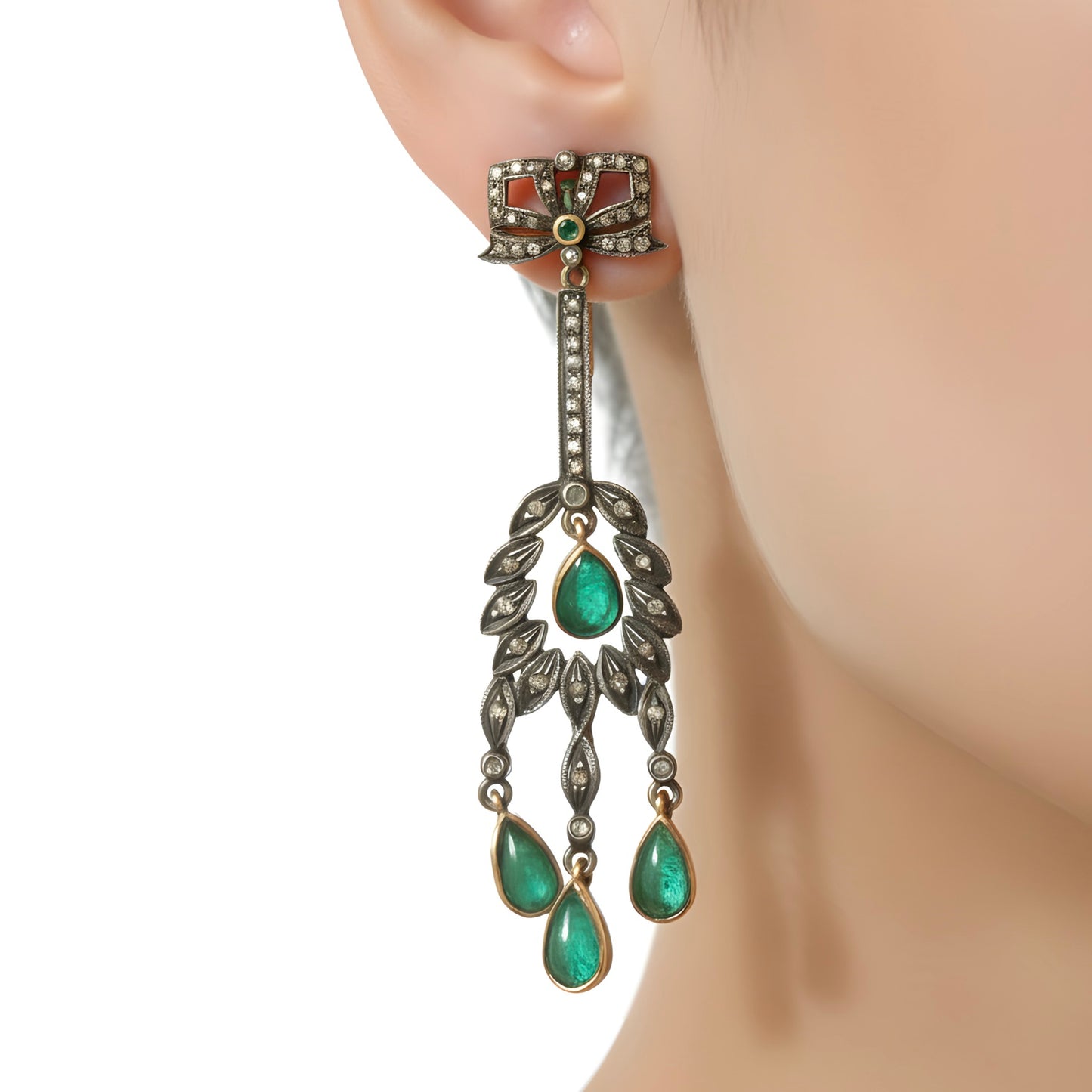 Victorian 2.45 Ct Natural Emerald & Diamond Drop Earrings in 14K Gold & Silver
