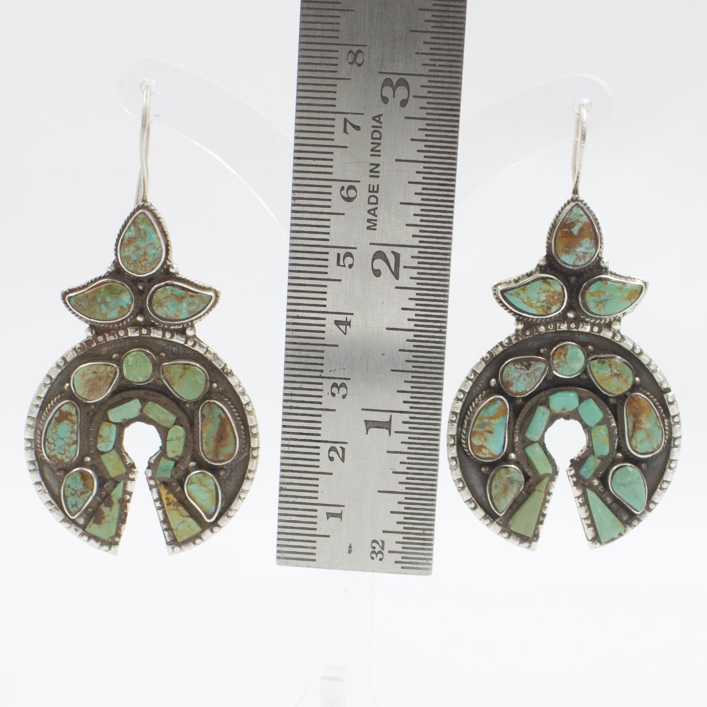 Vintage Tibetan Himalayan Turquoise Naja Chandbali Drop Earrings Sterling Silver