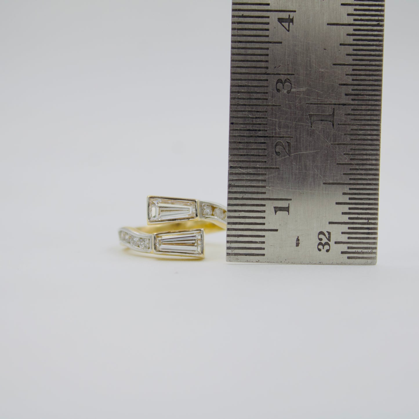 1.47 ct Created Diamond Bypass Ring with Tapered Baguette & Round Cut Accents in 18k Gold Size 6