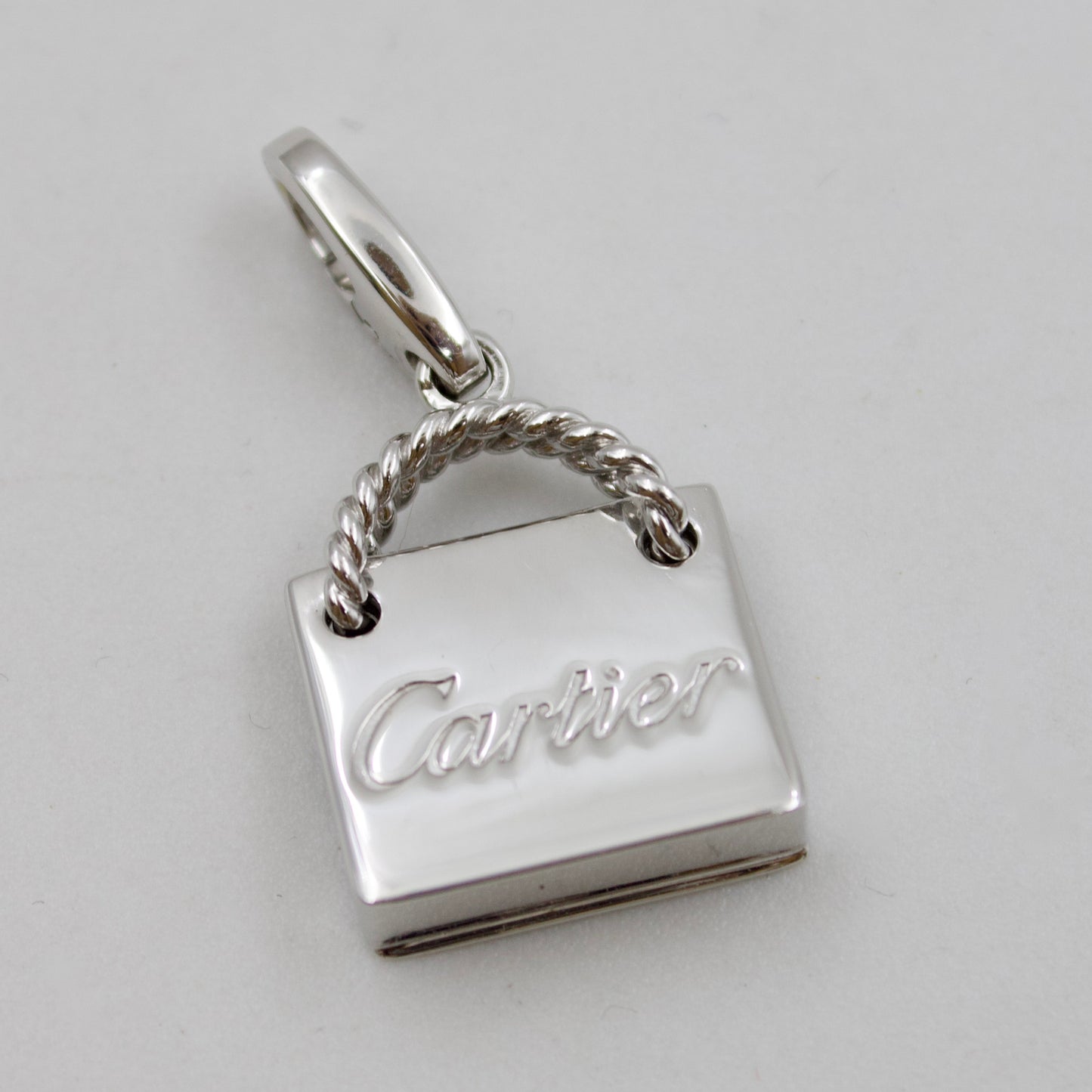 Vintage Authentic Cartier Shopping Bag Charm Pendant in 18K White Gold