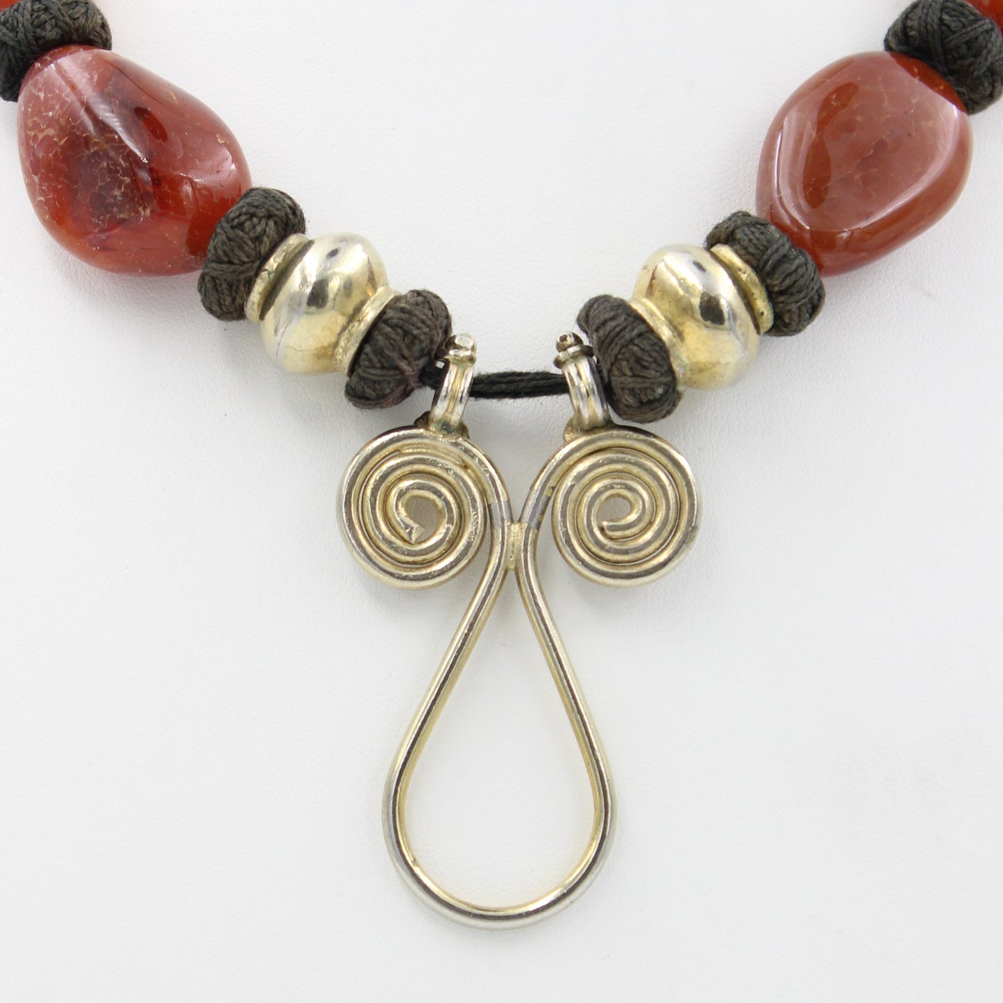 Vintage Tribal Carnelian Threaded Pendant Necklace in Sterling Silver