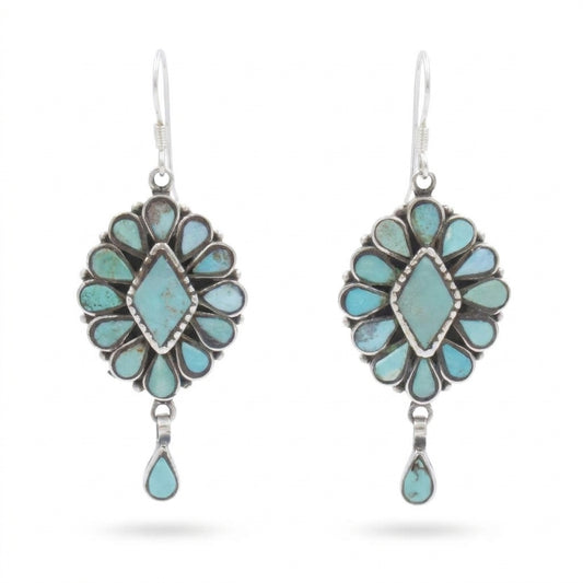 Beautiful Vintage Turquoise Diamond Cluster Dangle Earrings in Sterling Silver