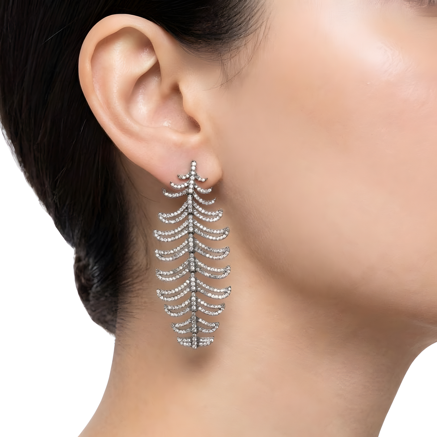 2.72ctw Single Cut Diamond Ribbed Leaf Statement Earrings in 14K Gold