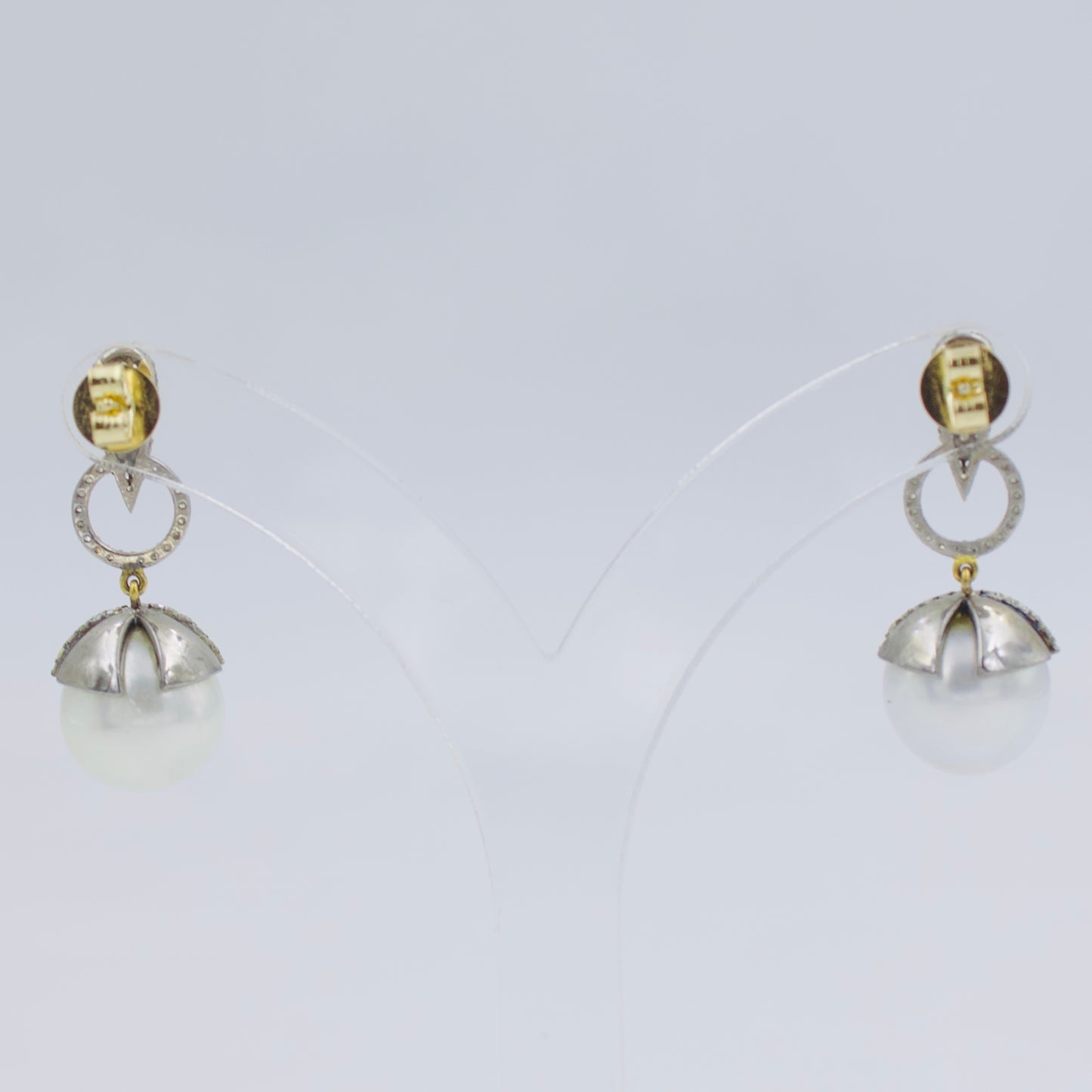 Victorian Diamond South Sea Pearl Drop Earrings in 14K Gold & Sterling Silver