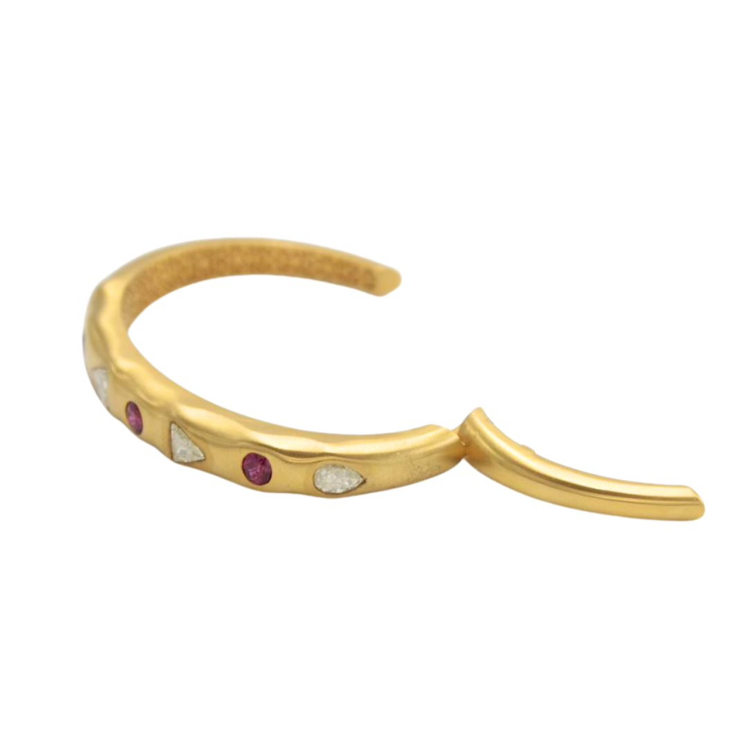 Natural 3.66 Ct Untreated Ruby & Diamond Hinged Cuff Bracelet 18KY Brushed Gold