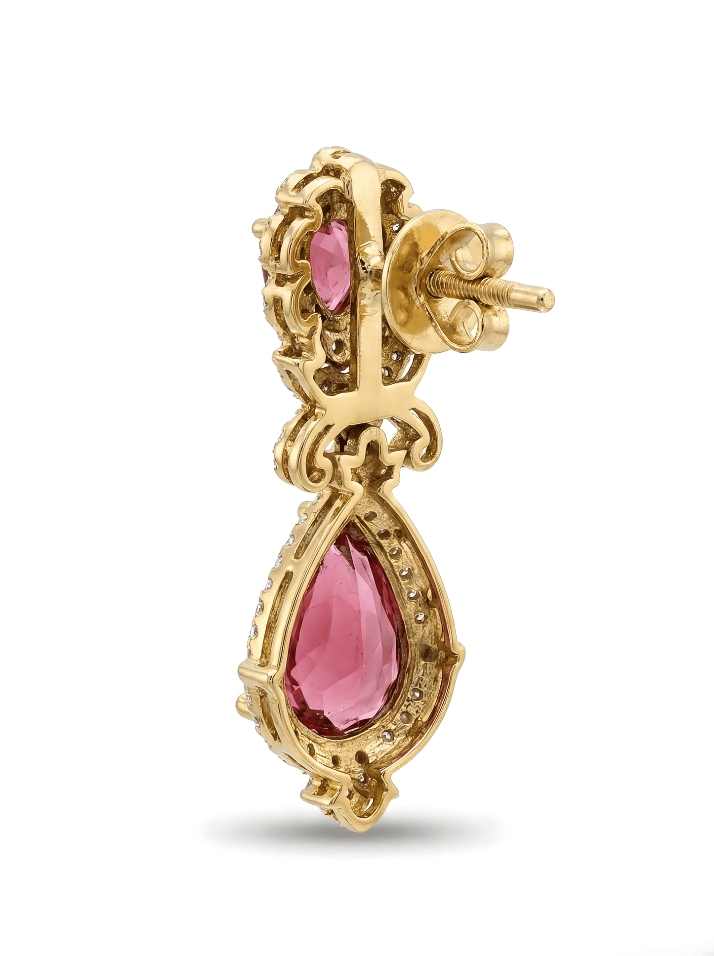 12.3 Ct Rubellite Tourmaline & Rose Cut Diamond Drop Earring In 18K Yellow Gold