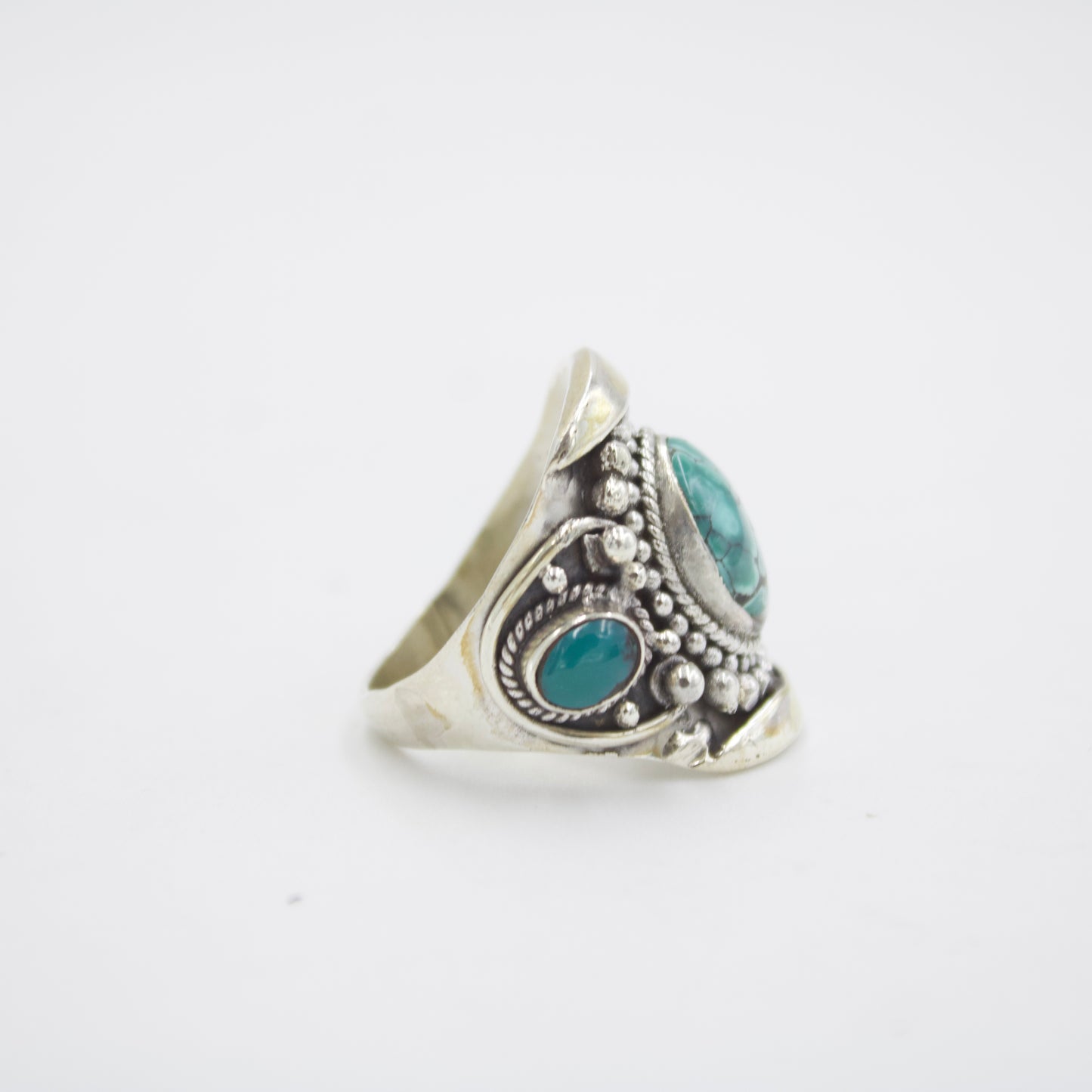 Vintage Handmade Tibetan Natural Turquoise Statement Ring in Sterling Silver