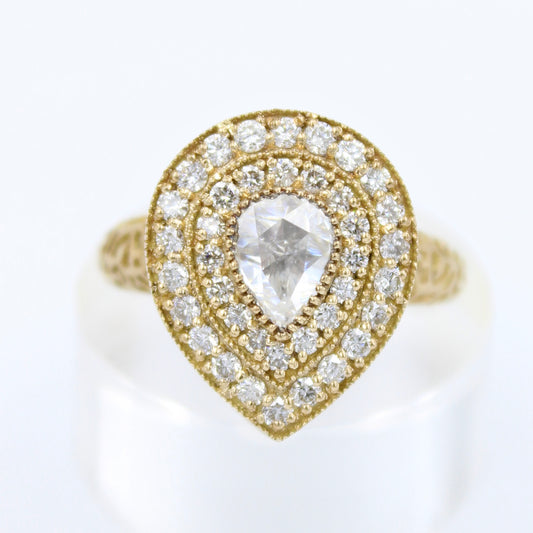 Natural 0.93 Ct Rose Cut & Round Diamond Filigree Work Cocktail Ring in 18K Brushed YellowGold