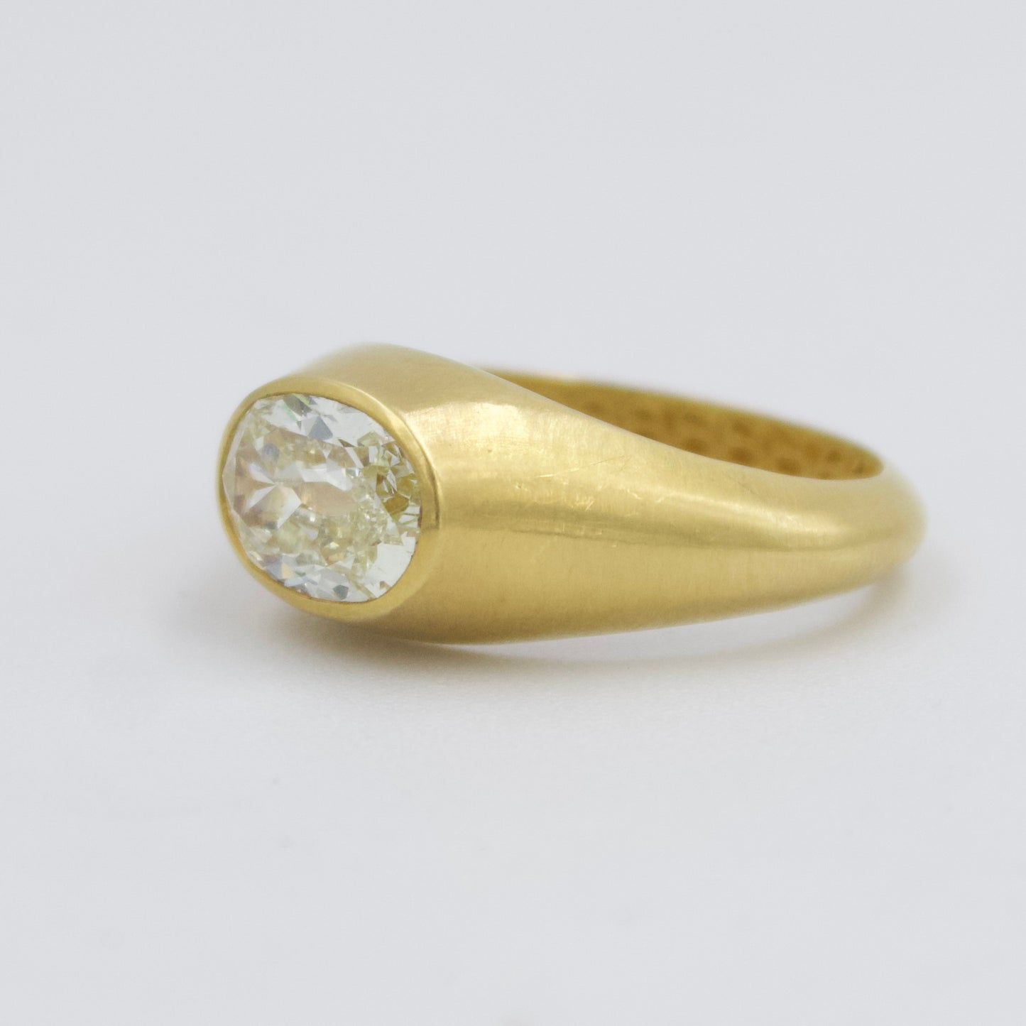 Natural 1.71 Ct Old Mine Cut  Oval Diamond East-West Bezel Ring in 18K Brushed Gold