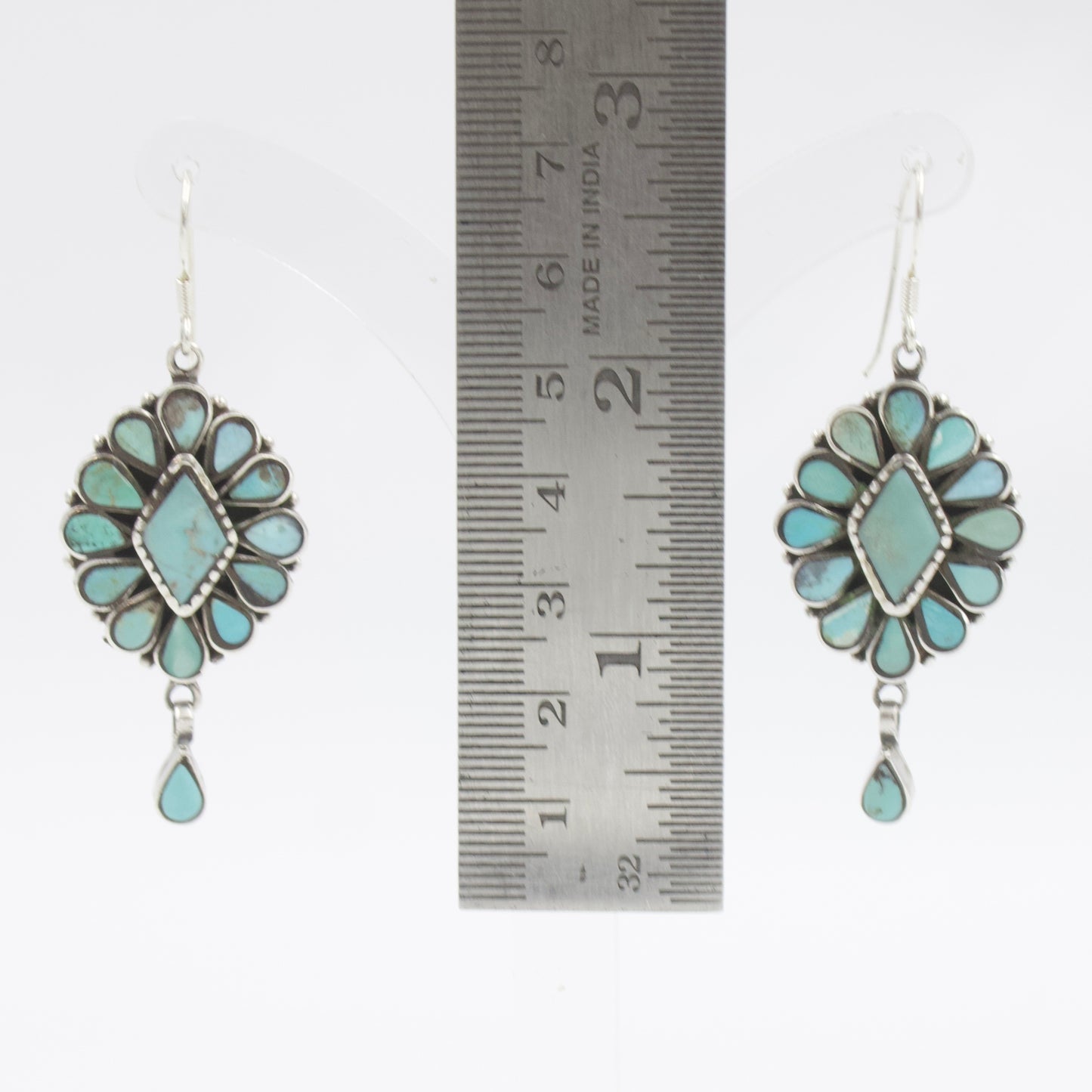 Beautiful Vintage Turquoise Diamond Cluster Dangle Earrings in Sterling Silver