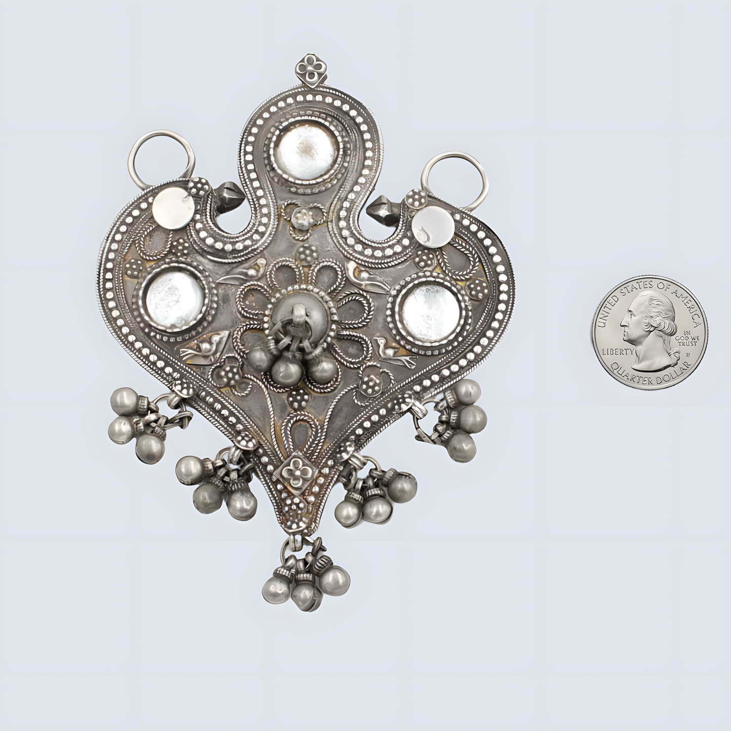 Antique Silver Heart-Shaped Tribal Pendant with Inlaid Glass & Ghungroo In Sterling silver