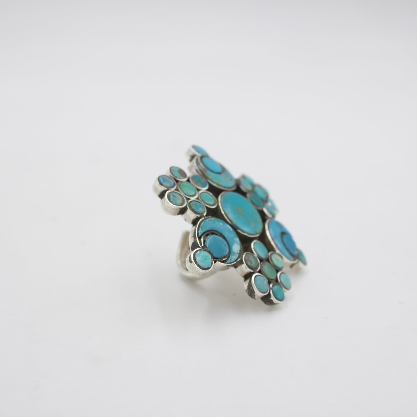 Bohemian Turquoise Cluster Statement Ring in 925 Sterling Silver | Size 7.5