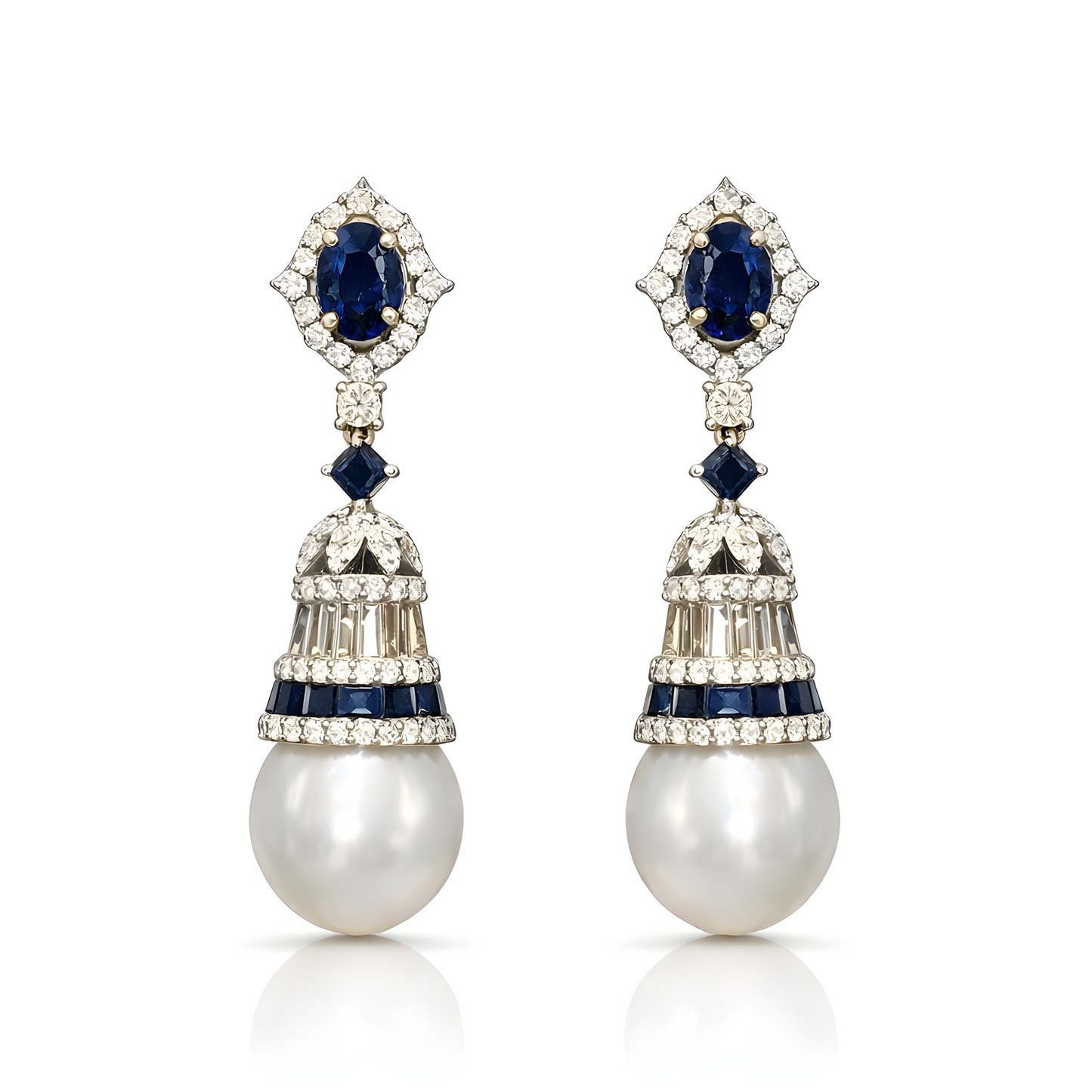 2.49 Ct Sapphire Art Deco Diamond & 17.93 Ct South Sea Pearl Drop Earrings 14K Gold & Sterling Silver