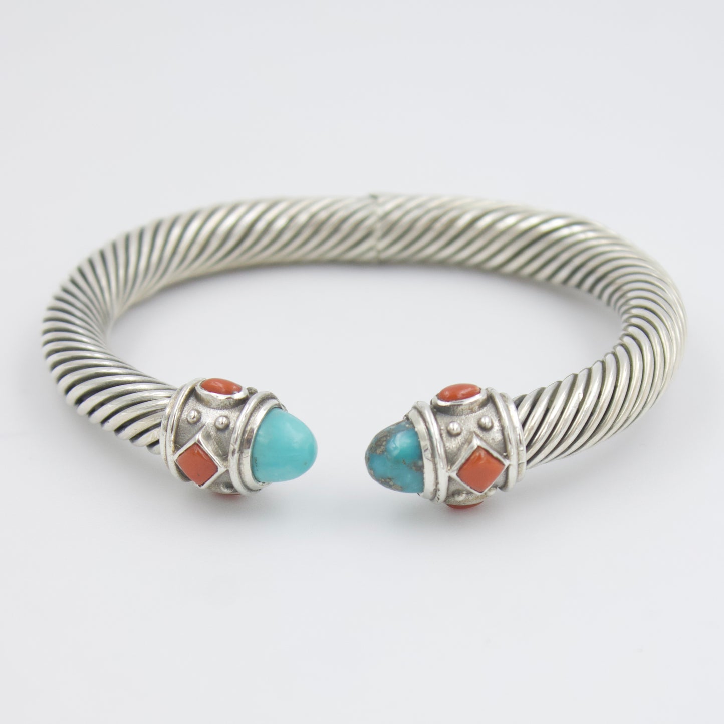 Natural Turquoise & Coral Twisted Cable Cuff Bracelet in Sterling Silver
