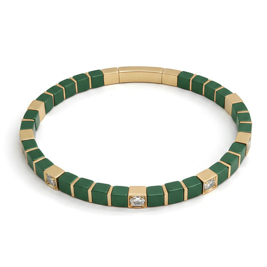 Natural 38.05 Ct Green Onyx & Desert Diamond Tile Beaded Bracelet in 14K Gold