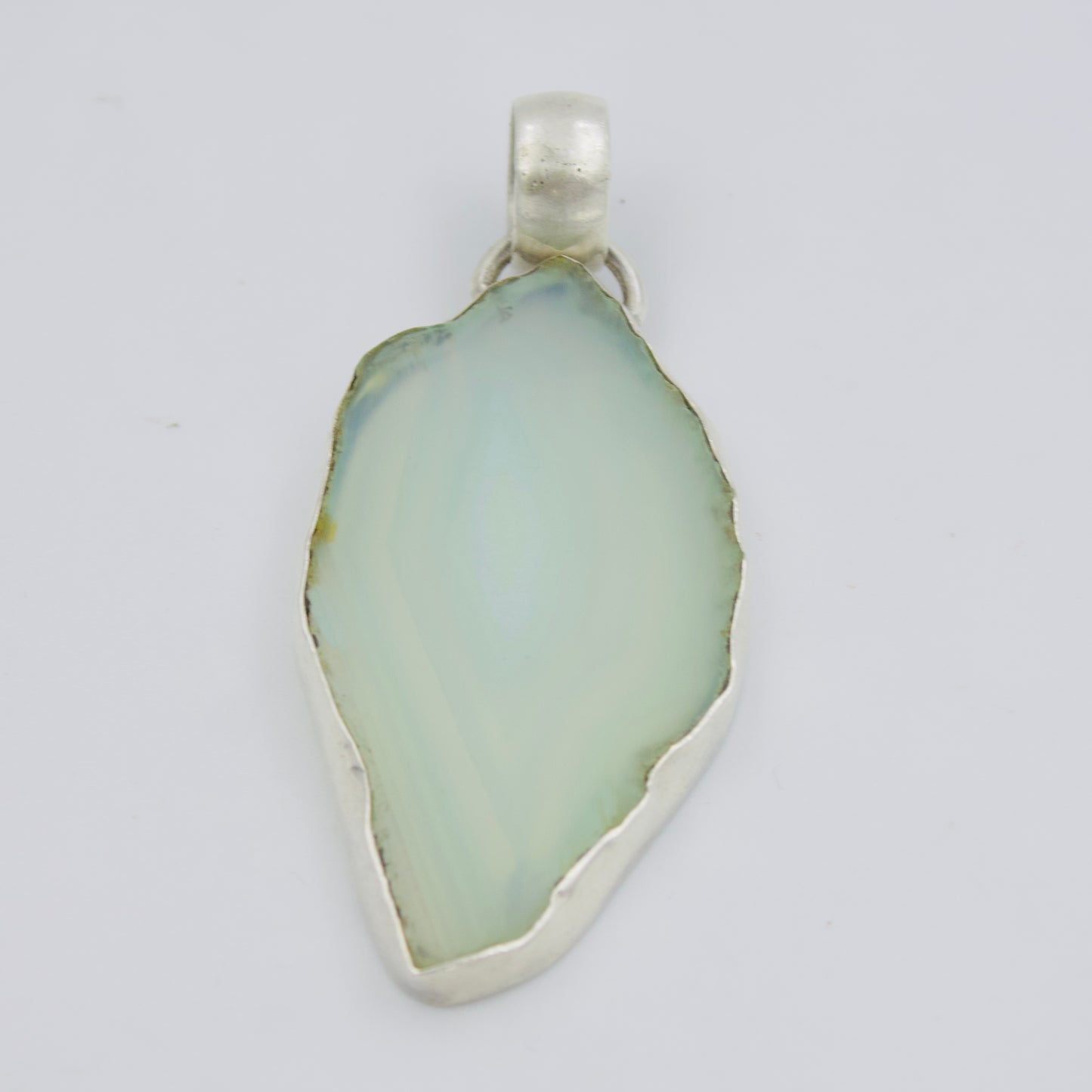 Artisanal Natural Light Blue Agate Slice Bezel Set Pendant in Sterling Silver