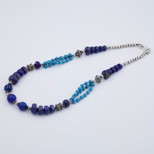 Vintage Lapis and Turquoise Beaded Statement Necklace in Sterling Silver