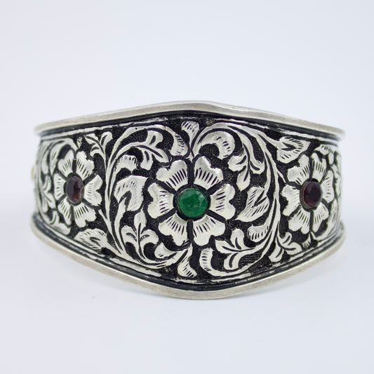 Vintage Emerald Garnet Citrine Handcarved Floral Cuff Bracelet in Sterling Silver