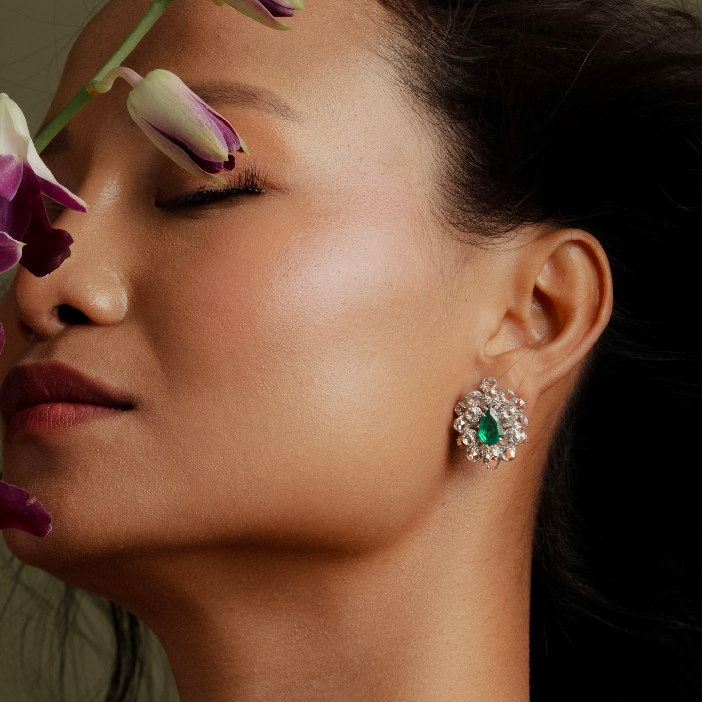 Statement 7.38 TCW AAA Natural Emerald & Rose Cut Diamond Halo Stud Earrings