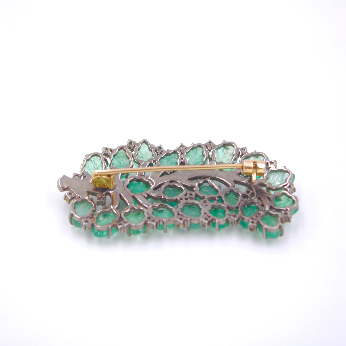 Carved Emerald & Diamond Leaf Brooch in 14K Gold & Sterling Silver